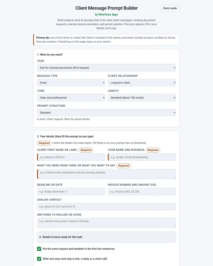 Unlocked Client Message Prompt Builder: fields for the task, message type, tone and client details