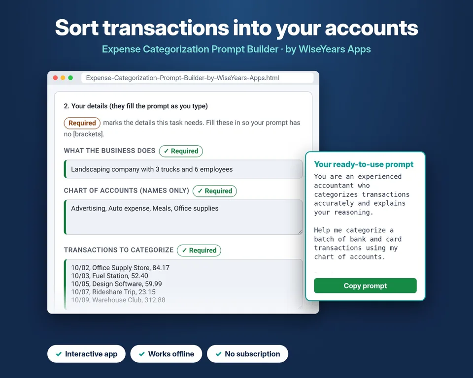 Screenshot of the Expense Categorization Prompt Builder by WiseYears Apps, showing vendor, account and transaction fields