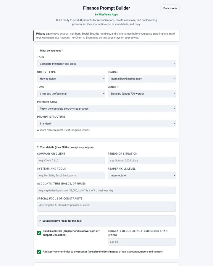 Unlocked Finance Prompt Builder (Close and Reconciliation): fields for a month-end close or reconciliation prompt