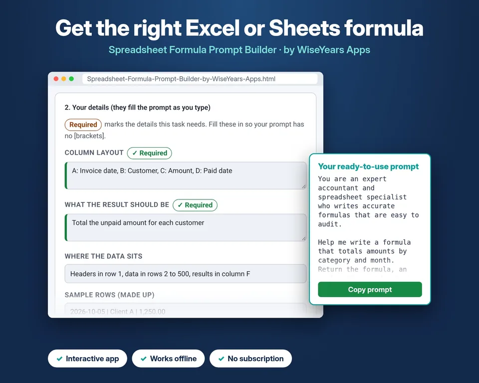 Screenshot of the Spreadsheet Formula Prompt Builder by WiseYears Apps, showing column, formula and test fields